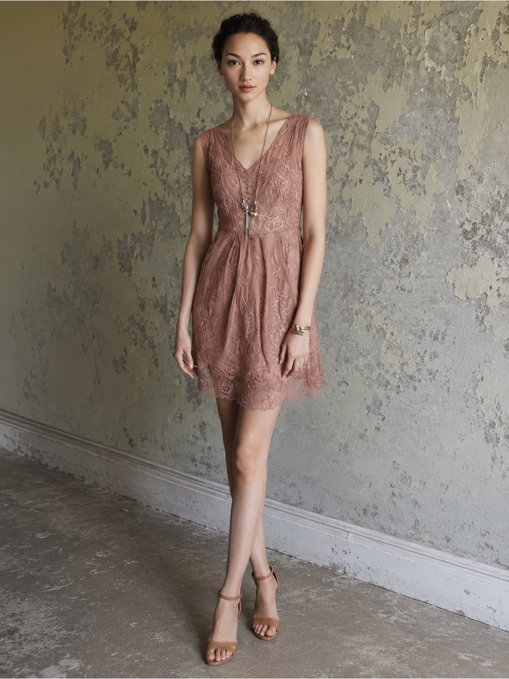 Anthropologie At Dusk Dress Sz 6 Dusty Rose Lace Embroidered Fit & Flare - Picture 12 of 14